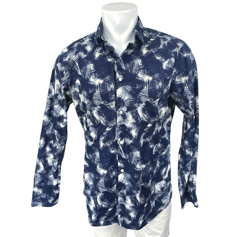 H&M Men's Blue Abstract Print Long Sleeve Slim Fit Button Down Shirt Top Size L